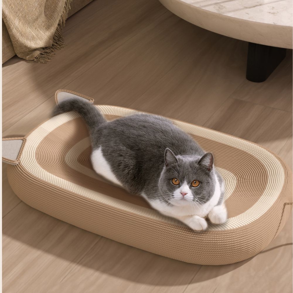 Cute Woven Cat Bed with Scratch-Resistant Linen and Ergonomic Design