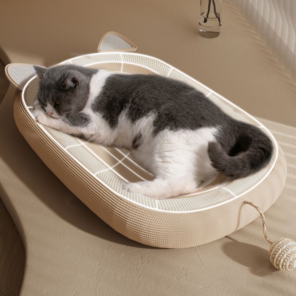 Cute Woven Cat Bed with Scratch-Resistant Linen and Ergonomic Design