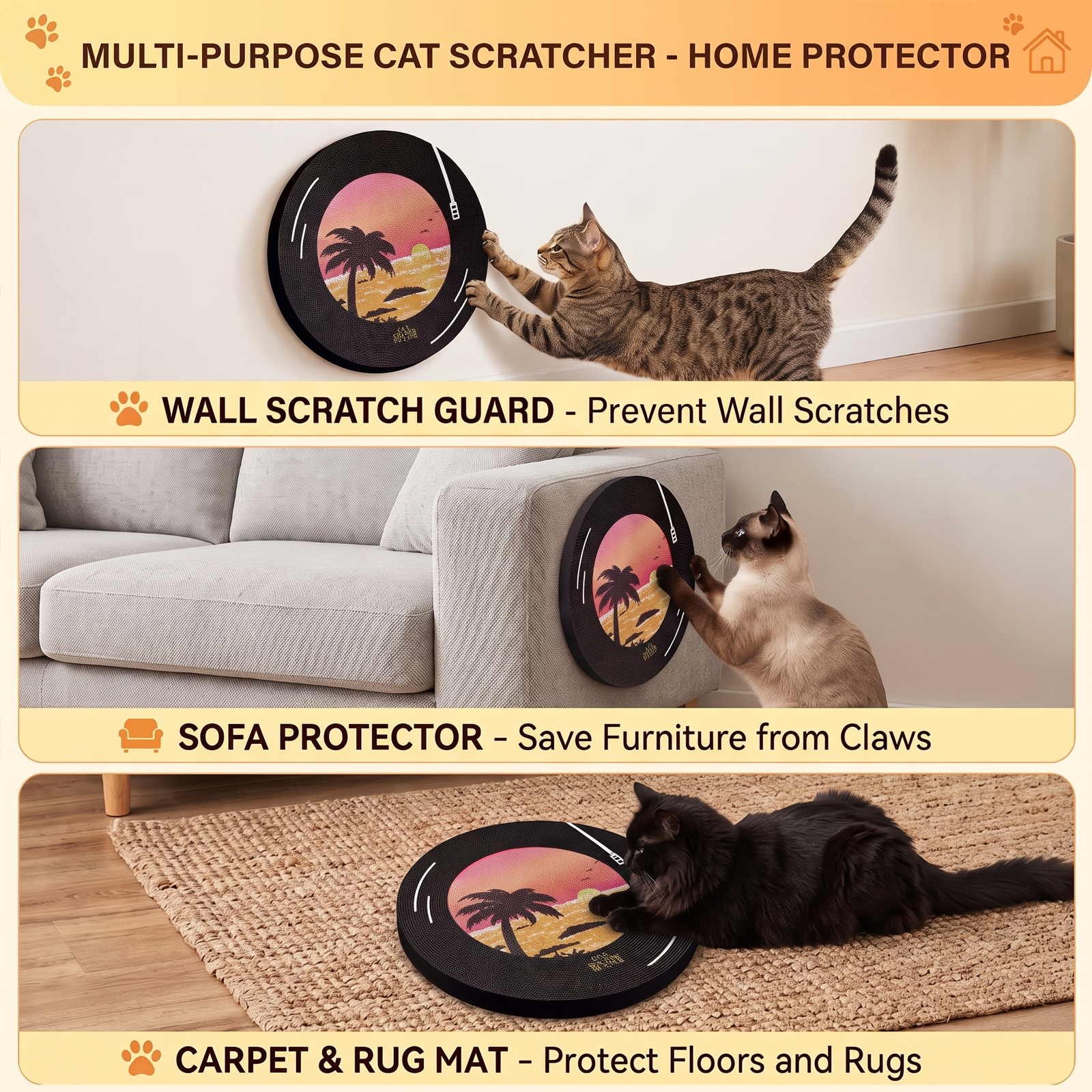 Vinyl Record Cat Scratching Board,Cardboard Cat Scratcher to Protect Sofas, Walls and Floors, with a Rotating Base and Non-Slip Double-Sided Tape，Suitable for Indoor Use or Wall Mounting.
