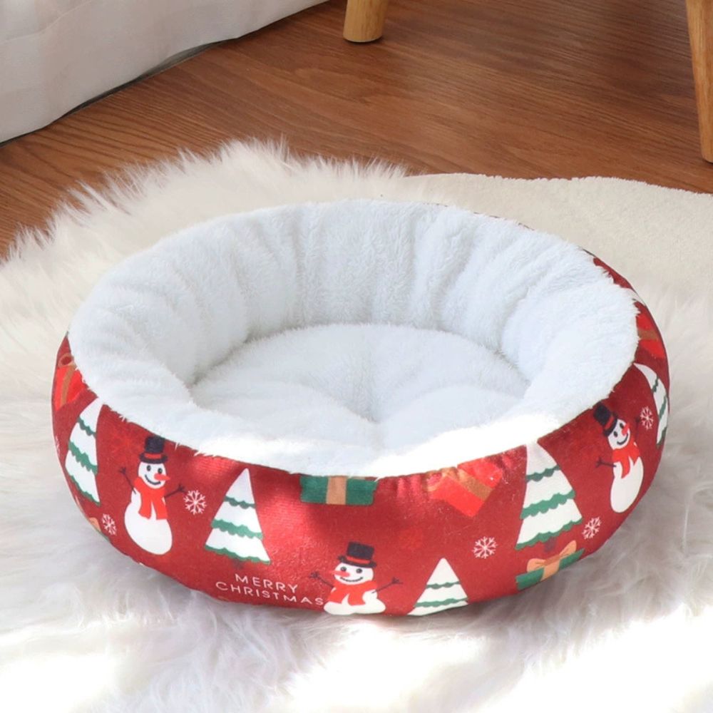 Christmas Thickened Warm Round Pet Bed for Cats and Dogs