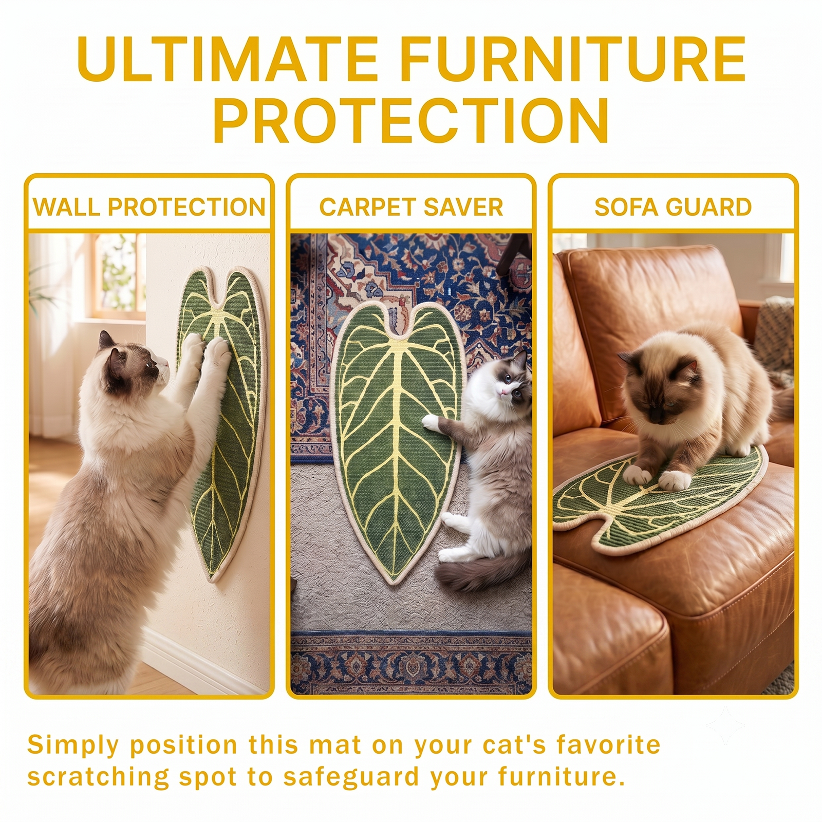 Natural Sisal Cat Scratching Mat,Self-Adhesive Wall Cat Scratch Pad,Large Indoor Leaf-Patterned Cat Scratch Rug are Designed to Protect Walls, Sofas, Floors and Furniture