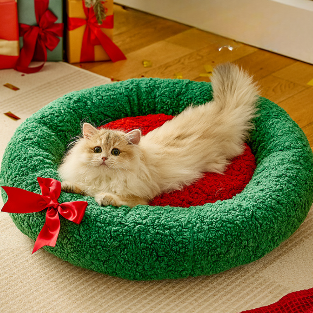 Christmas Round Plush Cozy Festive Bow Cat Dog Bed