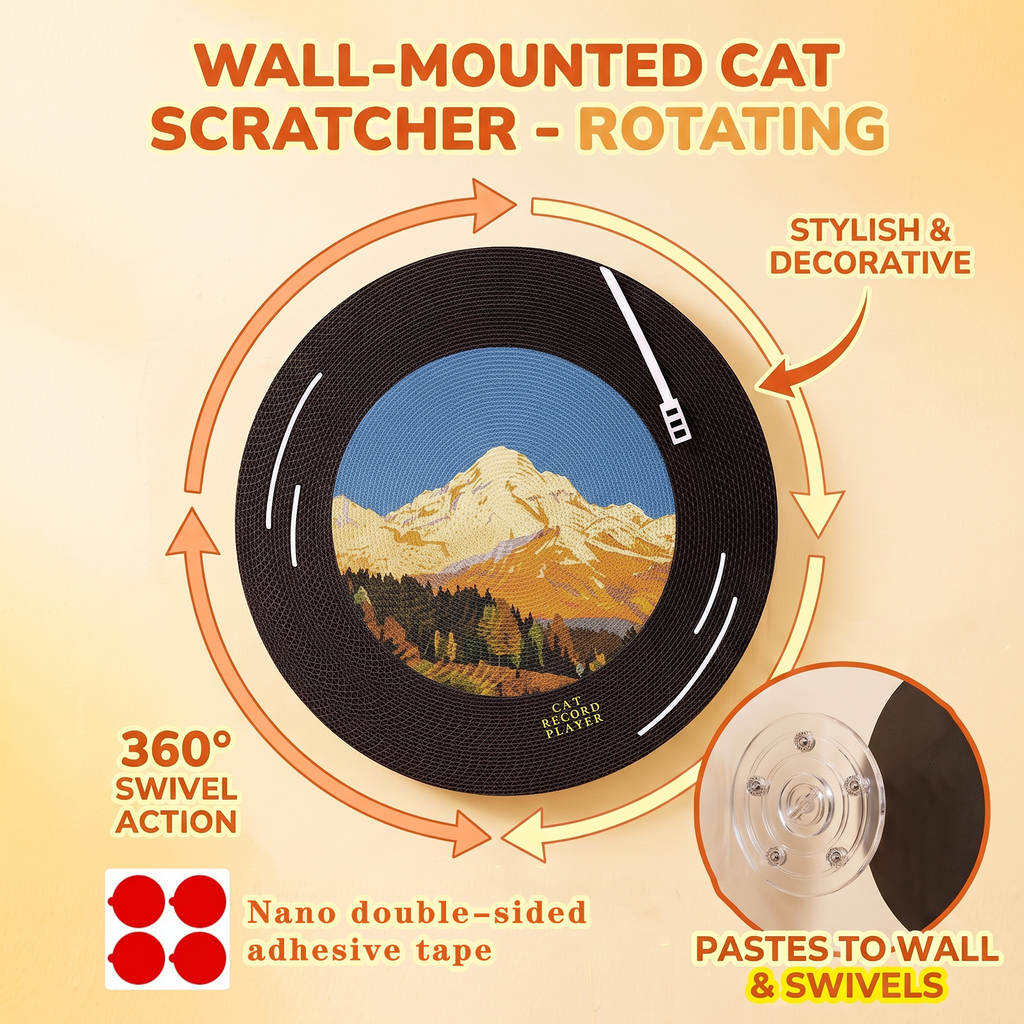 Vinyl Record Cat Scratching Board,Cardboard Cat Scratcher to Protect Sofas, Walls and Floors, with a Rotating Base and Non-Slip Double-Sided Tape，Suitable for Indoor Use or Wall Mounting.