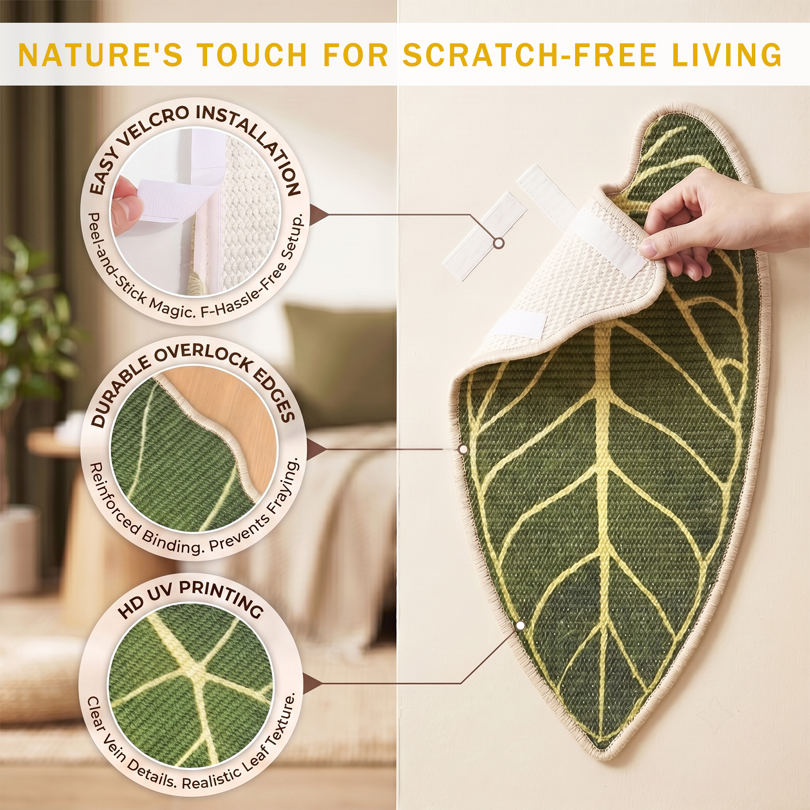 Natural Sisal Cat Scratching Mat,Self-Adhesive Wall Cat Scratch Pad,Large Indoor Leaf-Patterned Cat Scratch Rug are Designed to Protect Walls, Sofas, Floors and Furniture