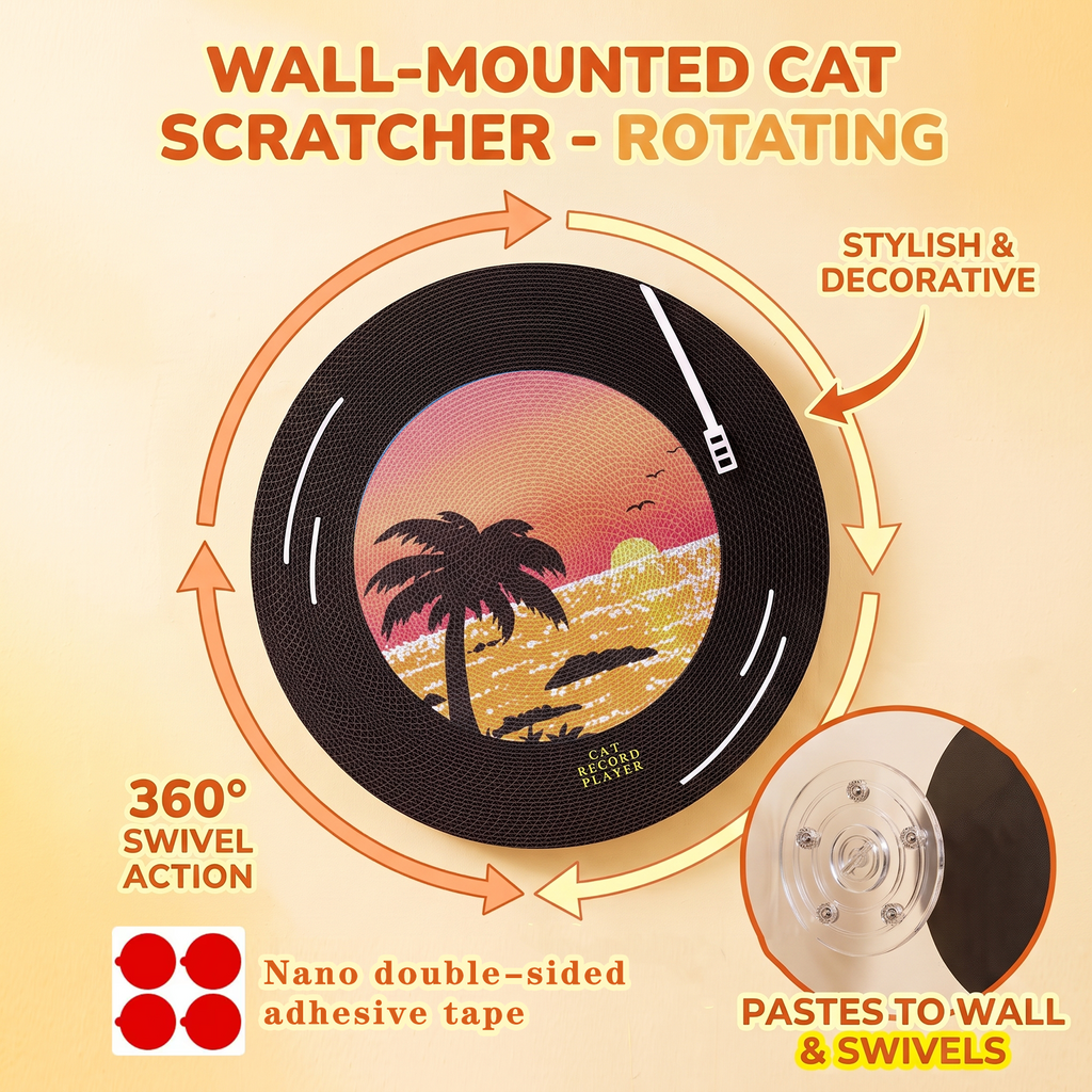 Vinyl Record Cat Scratching Board,Cardboard Cat Scratcher to Protect Sofas, Walls and Floors, with a Rotating Base and Non-Slip Double-Sided Tape，Suitable for Indoor Use or Wall Mounting.