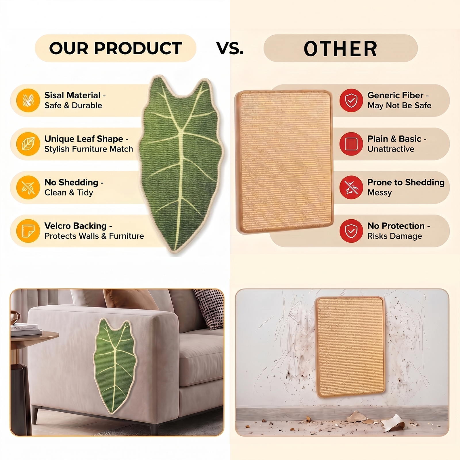 Natural Sisal Cat Scratching Mat,Self-Adhesive Wall Cat Scratch Pad,Large Indoor Leaf-Patterned Cat Scratch Rug are Designed to Protect Walls, Sofas, Floors and Furniture