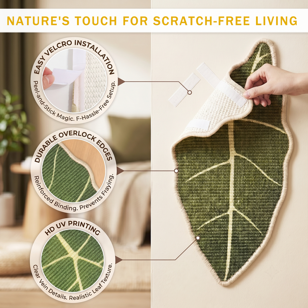 Natural Sisal Cat Scratching Mat,Self-Adhesive Wall Cat Scratch Pad,Large Indoor Leaf-Patterned Cat Scratch Rug are Designed to Protect Walls, Sofas, Floors and Furniture