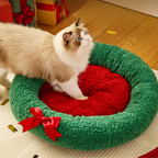 Christmas Round Plush Cozy Festive Bow Cat Dog Bed
