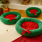 Christmas Round Plush Cozy Festive Bow Cat Dog Bed
