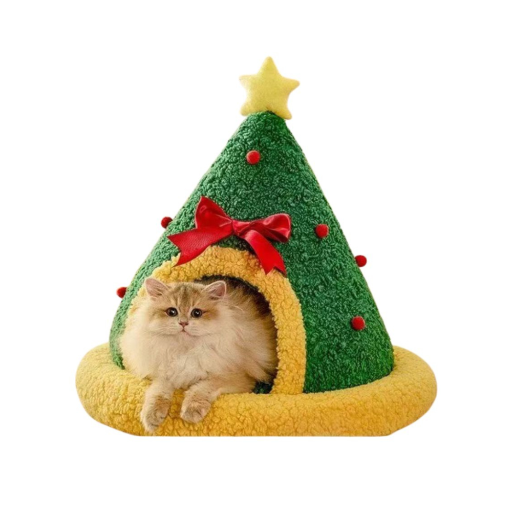 Christmas Round Plush Cozy Festive Bow Cat Dog Bed
