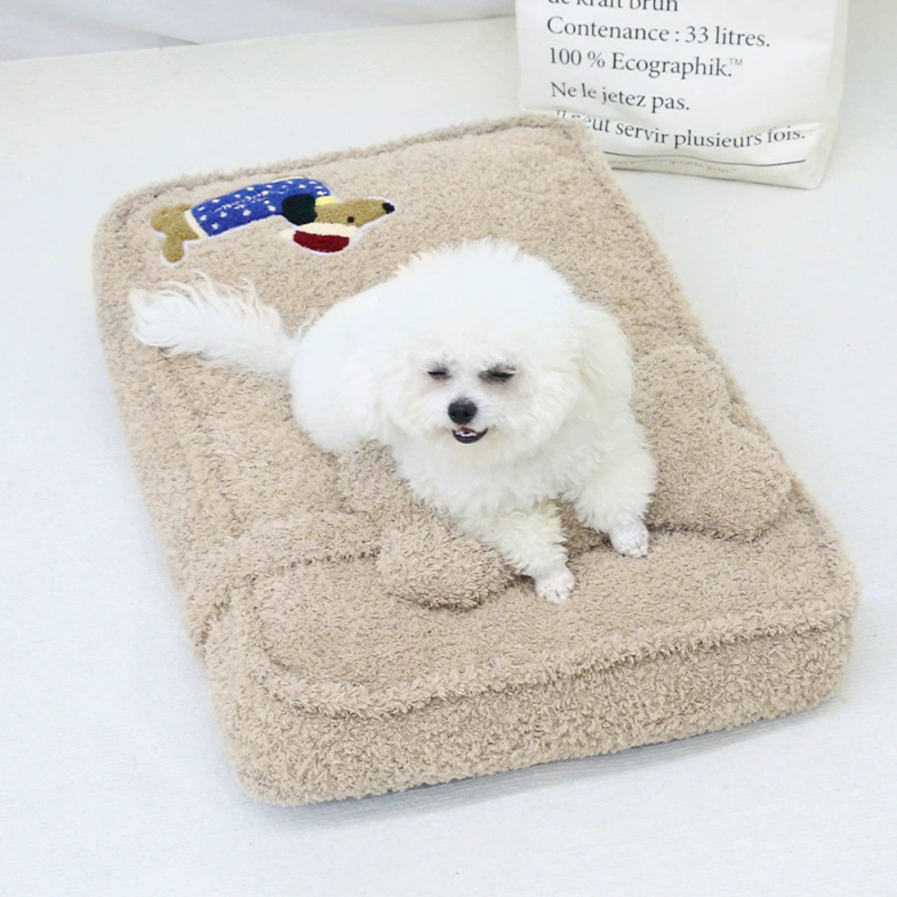 Embroidered Dachshund Plush Dog Bed with Bone Pillow