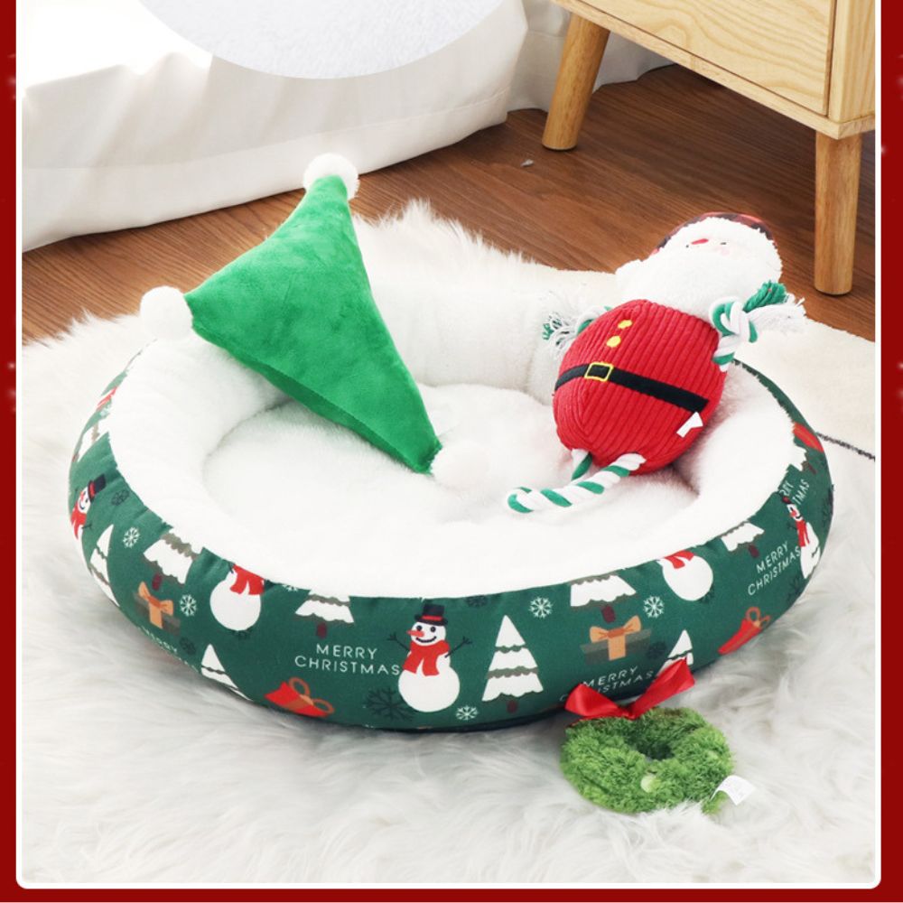 Christmas Thickened Warm Round Pet Bed for Cats and Dogs