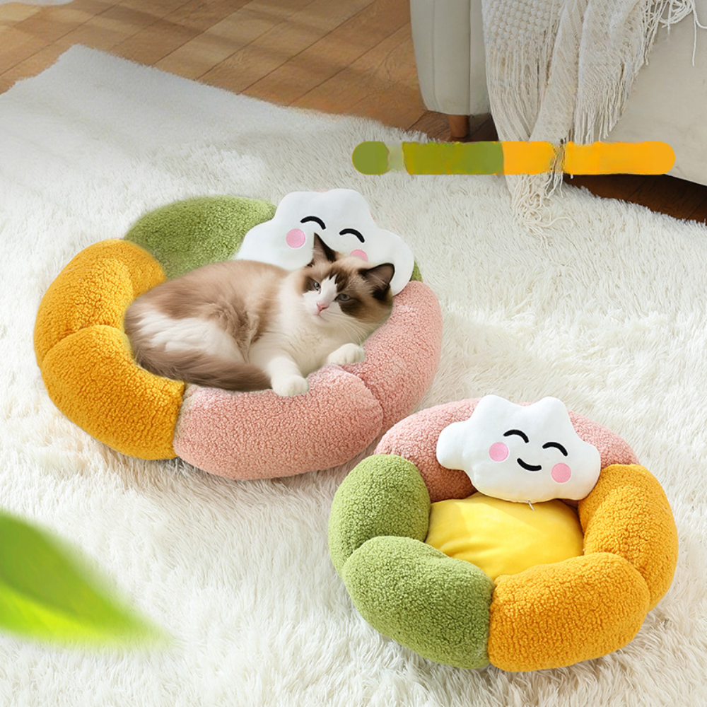 Christmas Flower Donut  Plush Round Pet Nest with Non-Slip Base Cat Bed