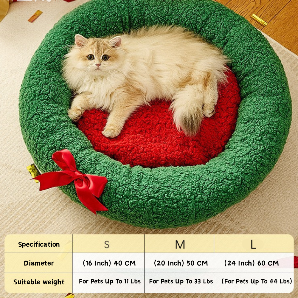 Christmas Round Plush Cozy Festive Bow Cat Dog Bed