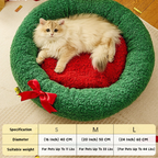 Christmas Round Plush Cozy Festive Bow Cat Dog Bed
