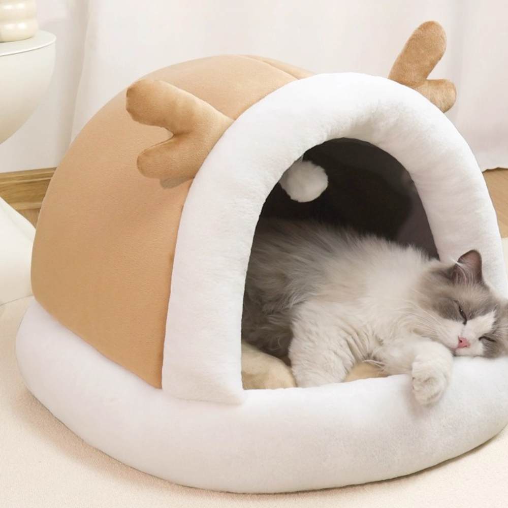 Christmas Reindeer Cat House Warm Plush Enclosed Pet House Cat Bed