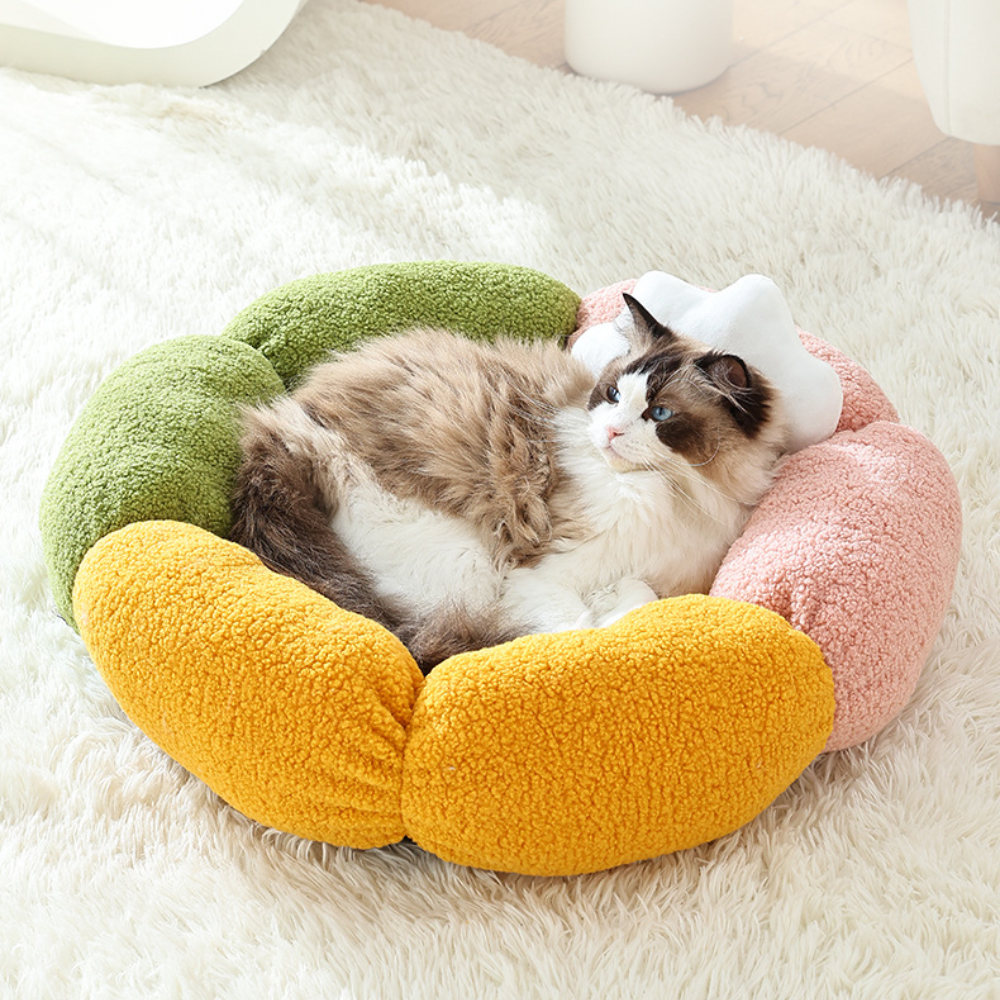 Christmas Flower Donut  Plush Round Pet Nest with Non-Slip Base Cat Bed