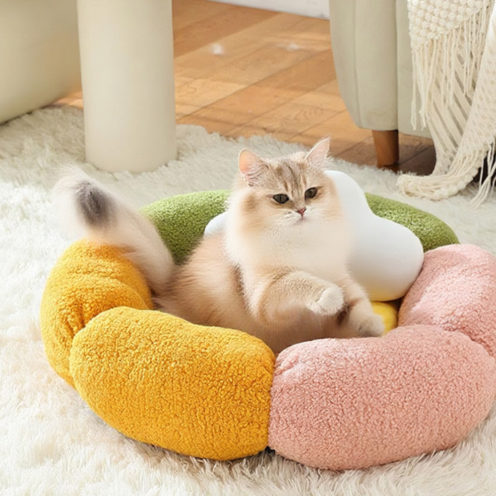 Christmas Flower Donut  Plush Round Pet Nest with Non-Slip Base Cat Bed