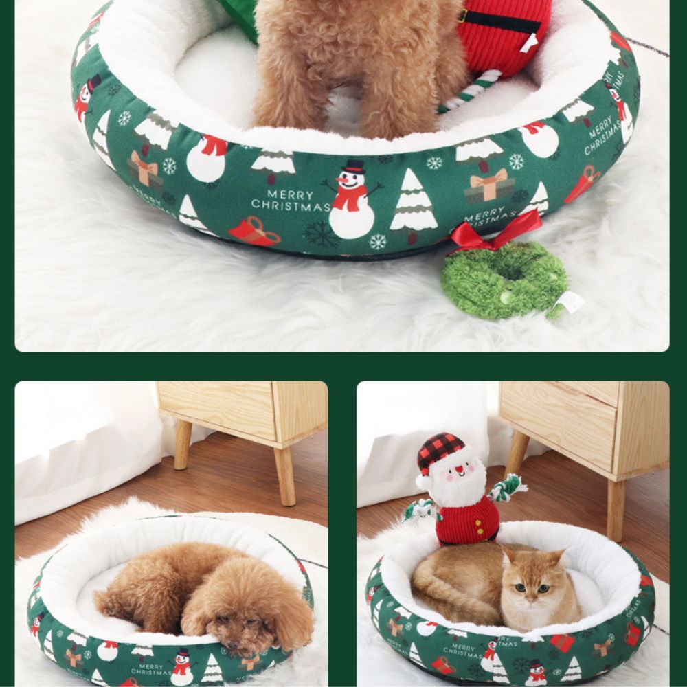Christmas Thickened Warm Round Pet Bed for Cats and Dogs