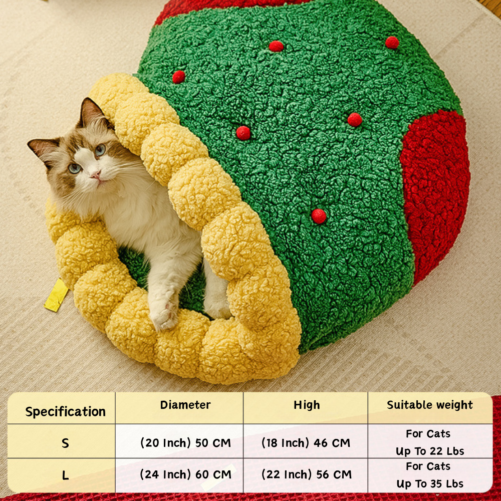 Christmas Round Plush Cozy Festive Bow Cat Dog Bed