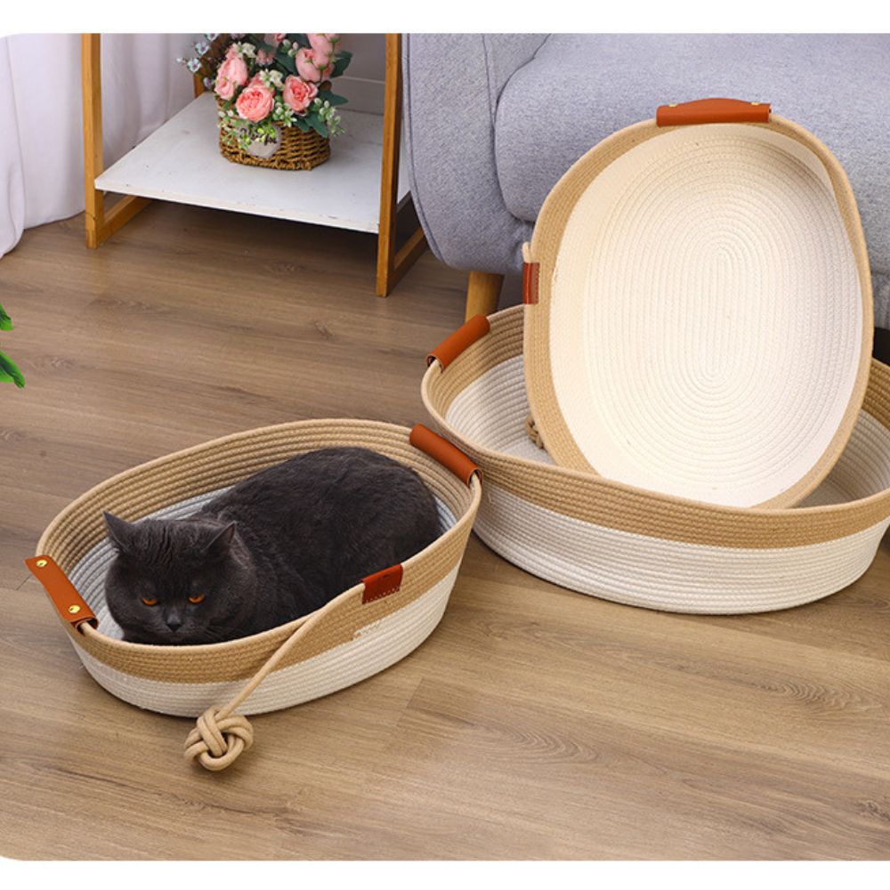 Handwoven Cotton Rope Pet Bed with Natural Rattan Texture
