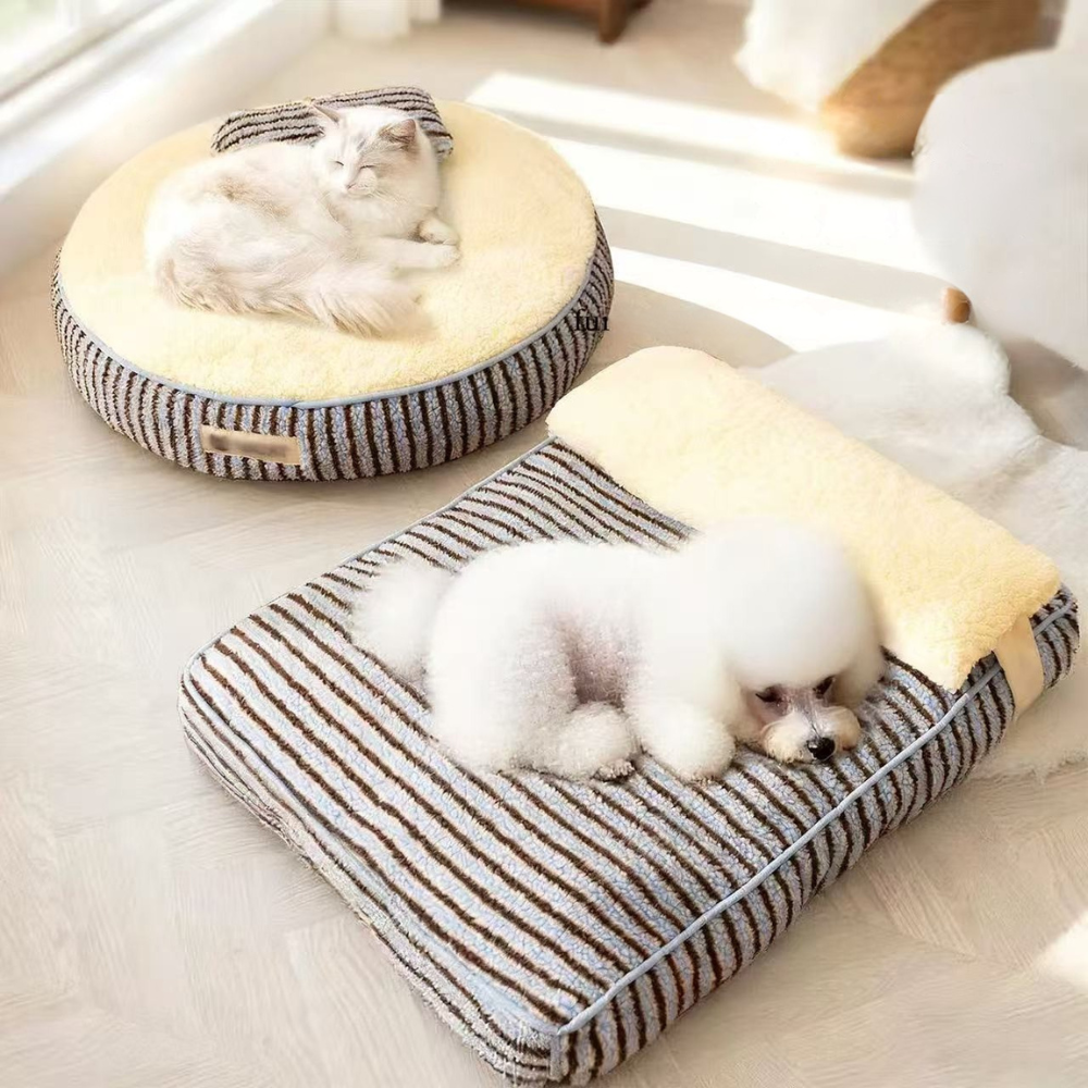 Cozy Plush Striped Dog Bed with Pillow Support