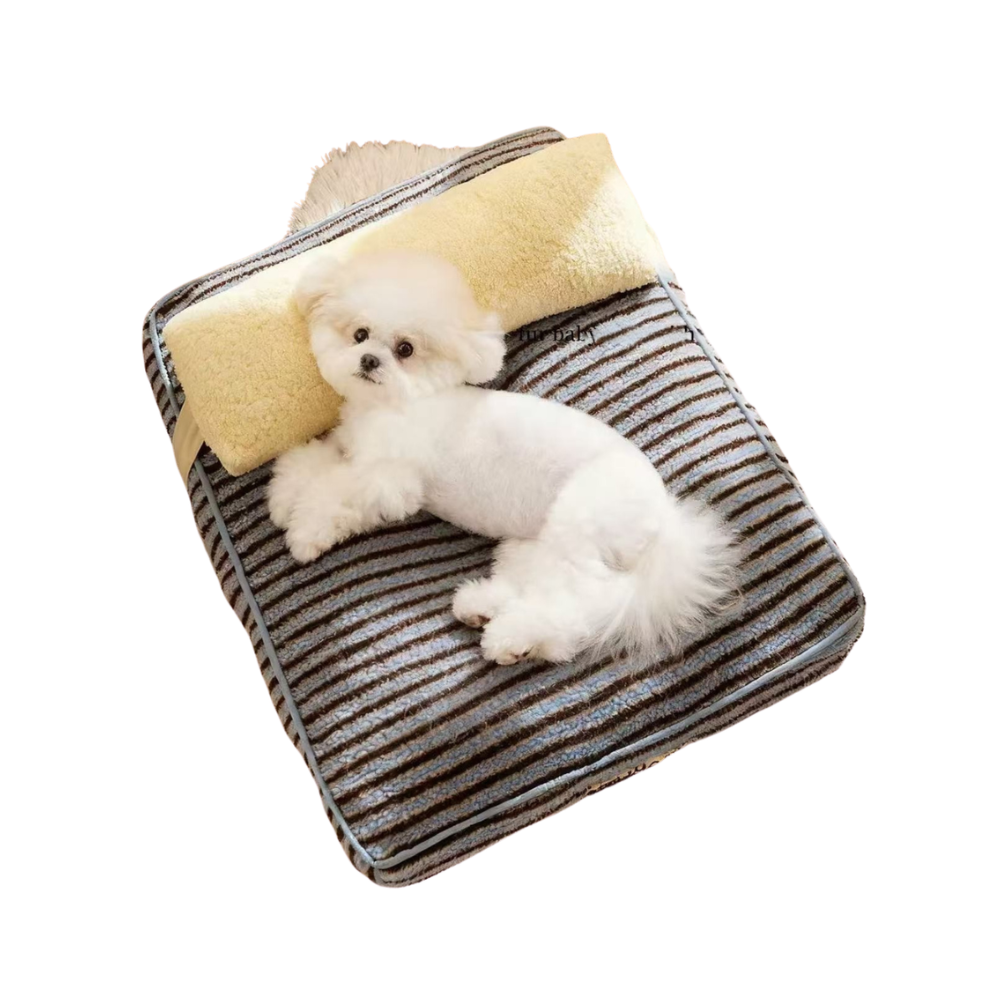 Cozy Plush Striped Dog Bed with Pillow Support