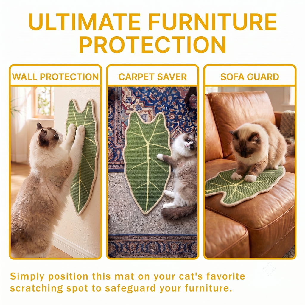 Natural Sisal Cat Scratching Mat,Self-Adhesive Wall Cat Scratch Pad,Large Indoor Leaf-Patterned Cat Scratch Rug are Designed to Protect Walls, Sofas, Floors and Furniture