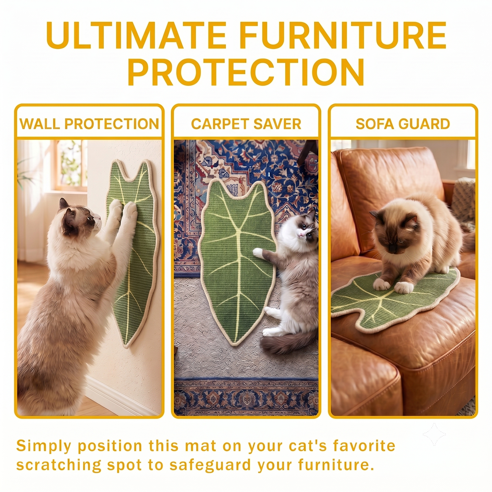 Natural Sisal Cat Scratching Mat,Self-Adhesive Wall Cat Scratch Pad,Large Indoor Leaf-Patterned Cat Scratch Rug are Designed to Protect Walls, Sofas, Floors and Furniture