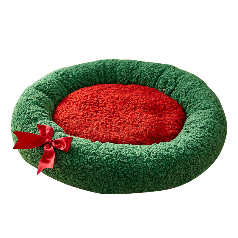 Christmas Round Plush Cozy Festive Bow Cat Dog Bed