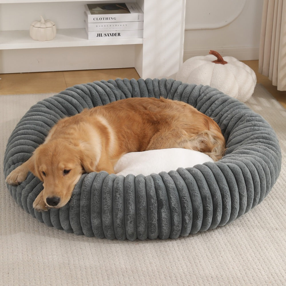 Round Donut Soft Plush Striped Cushion Dog Bed