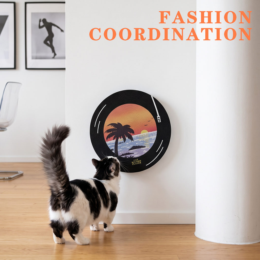 Vinyl Record Cat Scratching Board,Cardboard Cat Scratcher to Protect Sofas, Walls and Floors, with a Rotating Base and Non-Slip Double-Sided Tape，Suitable for Indoor Use or Wall Mounting.